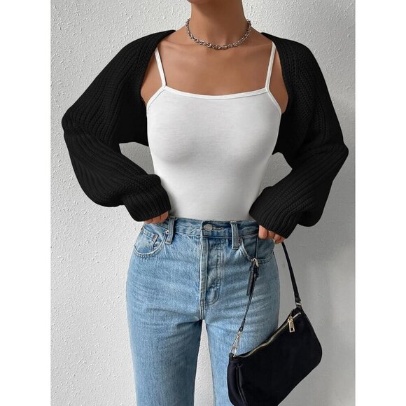 ❤️Women Black Qlarnaweer  Cropped Cardiga Bolero Shrug Sweater Open Front Knit - Picture 3 of 6